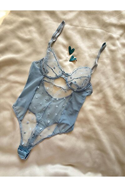 İNKO İÇ GİYİM Ολόσωμο φορμάκι με διάφανο κάτω μέρος με κουμπώματα και σχέδιο καρδιάς