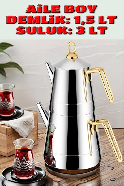 Lines Piramit Paslanmaz Çelik Çaydanlık Takımı Aile Boy Altın Kulp 3056