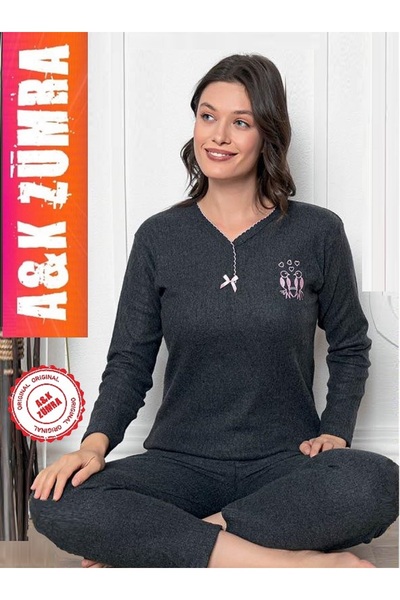 A&K ZÜMRA Γυναικείο χειμερινό μοντέλο σετ πιτζάμες μαμάς καπνιστό