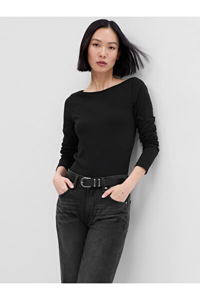 GAP Kadın Siyah Kayık Yaka Modal T-Shirt