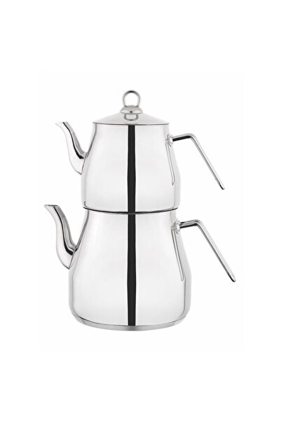 Kapris Lines Pyramid Stainless Steel Teapot Set Sülale Size XXL Metal Handle 3070