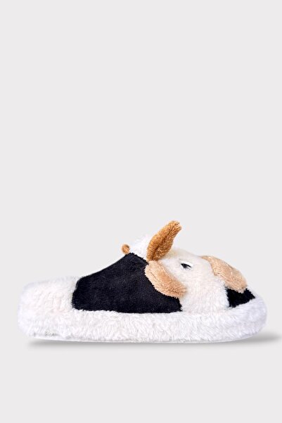 Liger Χειμερινές παντόφλες σπιτιού Unisex με αντιολισθητική σόλα με κέντημα με φιγούρα αγελάδας ΛΕΥΚΟ - ΜΑΥΡΟ