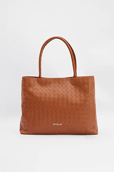 BE BLUE Tan Colored Knitted Detailed Tote Bag
