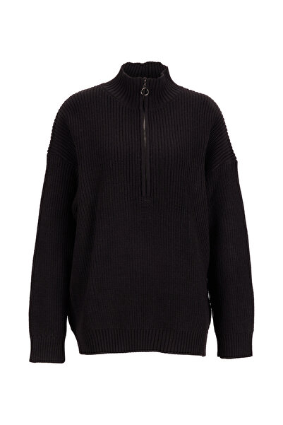 Fabrika Siyah Kadın Fermuarlı Geniş Fit Düz Kazak KATTEN