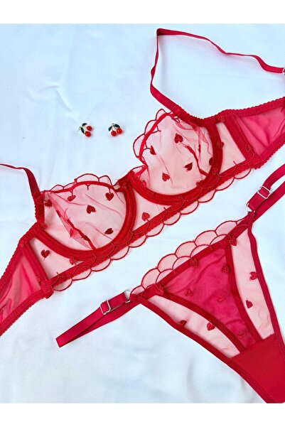 İNKO İÇ GİYİM Red Heart Underwire Uncovered Tulle Bra Set (Bra Tanga)