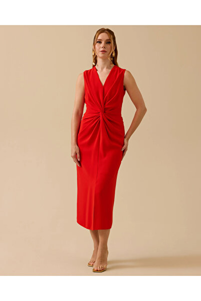 SEÇİL Büzgü Detaylı V Yaka Kolsuz Elbise