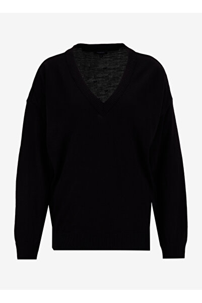 Fabrika Siyah Kadın V Yaka Geniş Fit Düz Kazak POOLL