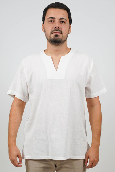 SİDE OTANTİK Unisex λινό μπλουζάκι με λαιμόκοψη σε σχήμα V με κοντό μανίκι, ά...