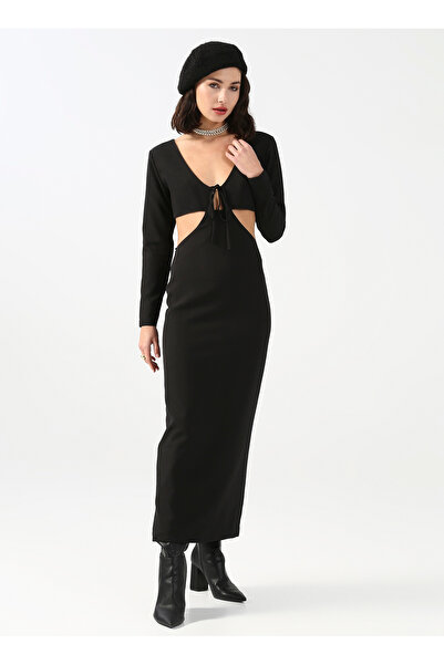 Fabrika V Yaka Düz Siyah Midi Kadın Elbise CHR-5