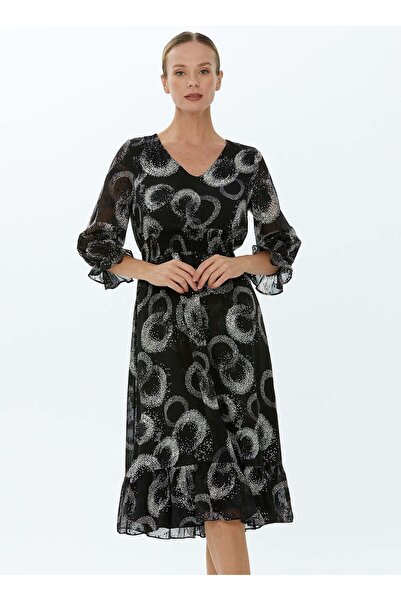 Selen V Yaka Emprime Siyah Standart Kadın Elbise 22KSL7200