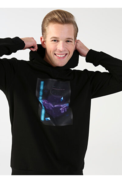 LİMON COMPANY Limon Kapüşon Yaka Baskılı Siyah Erkek Sweatshırt SECOND