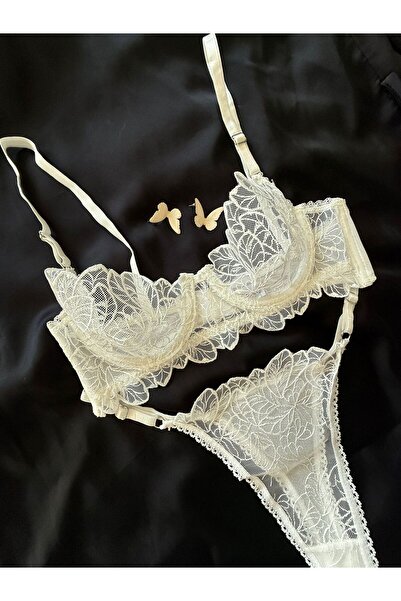 İNKO İÇ GİYİM Underwire Uncovered Tulle Detailed Patterned Bra Set (Bra Thong)