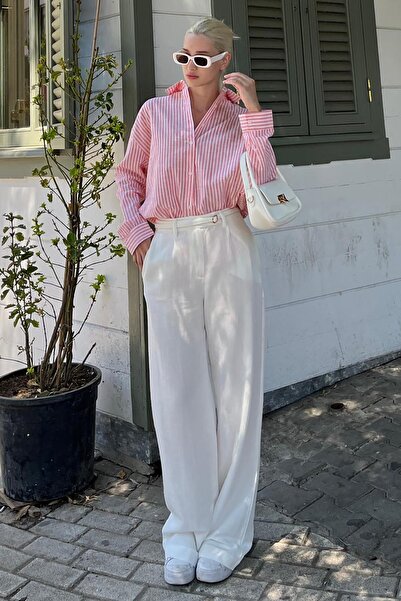 Seeh Turuncu Çizgili Düğme Detaylı Oversize Uzun Kollu Kadın Gömlek SH180