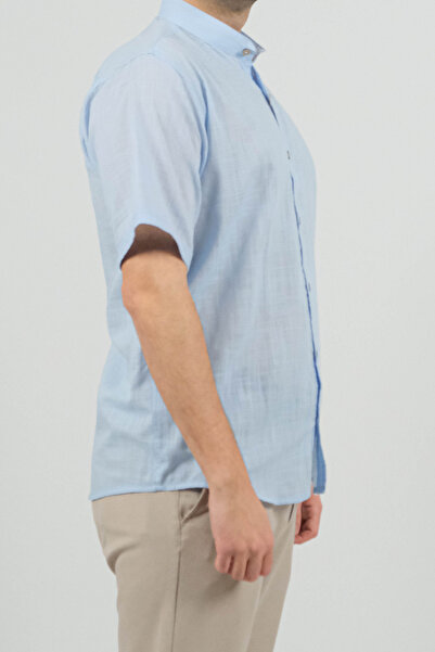 SİDE OTANTİK Hakim Yaka Keten Buz Mavi Kısa Kol Gömlek