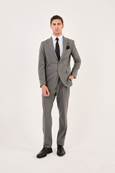 wodelli Erkek Slim Fit Gri Mono Yaka Likralı Çift Yırtmaçlı Takım Elbise