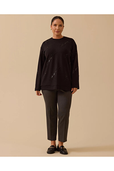 Gala-Xi Büyük Beden Nakış Detaylı Boncuklu Sweatshirt