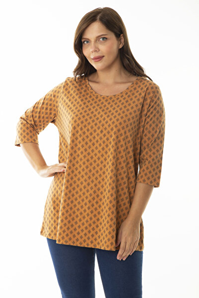 Şans Women's Large Size Mustard Crew Neck Capri Sleeve Patterned Blouse 65N36960