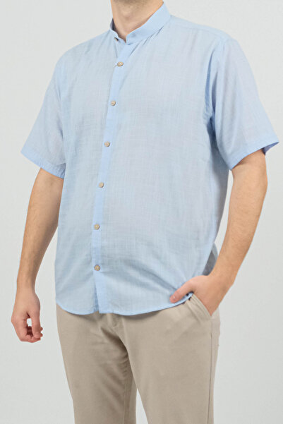 SİDE OTANTİK Hakim Yaka Keten Buz Mavi Kısa Kol Gömlek