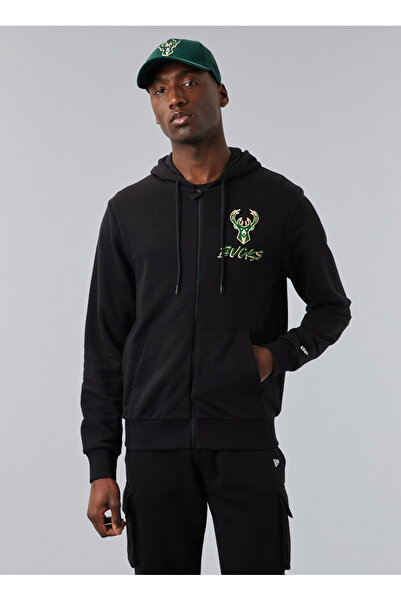 NEW ERA Kapüşon Yaka Siyah Erkek Sweatshırt 60284687NBA SCRIPT FZ MILBUC BLKMP