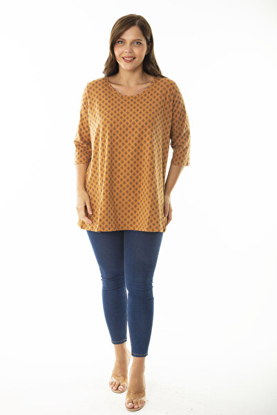 Şans Women's Large Size Mustard Crew Neck Capri Sleeve Patterned Blouse 65N36960