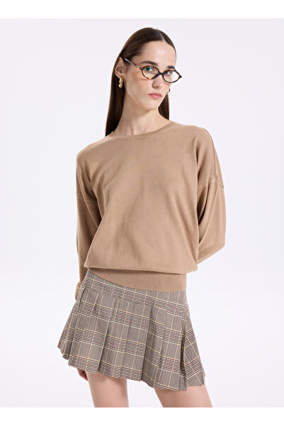 Fabrika Bisiklet Yaka Basic Düz Deve Tüyü Melanj Kazak Kadın CANO