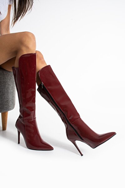 Şan's Shoes Bordó lakkbőr női magassarkú csizma