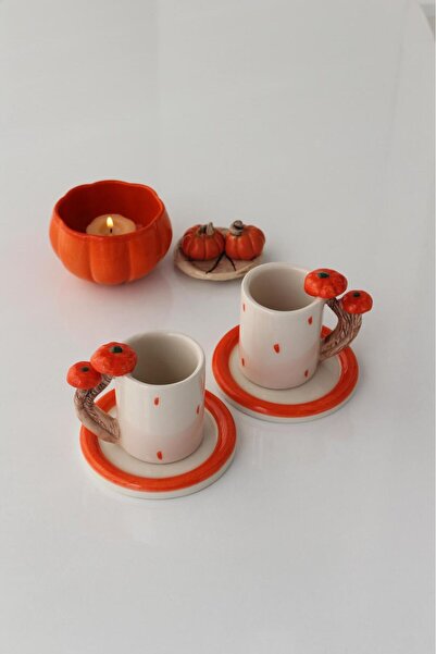 Dİ TAZZA el yapımı iki kişilik 4 parçalı bal kabağı kulplu kahve fincan takımı 110ml