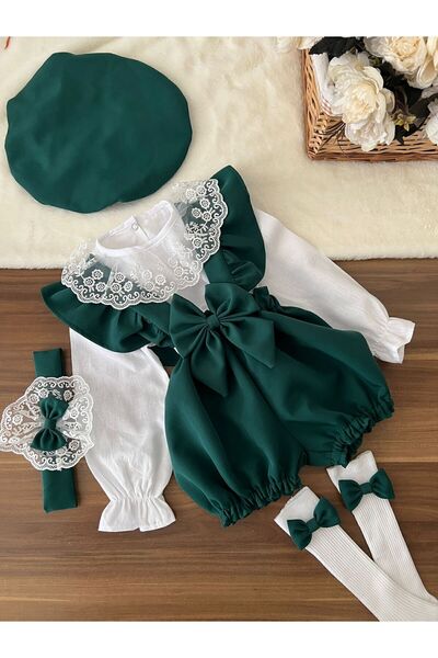 BİYA BABY kız çocuk bebek askılı yeşil şort gömlek şapka bandana çorap takım