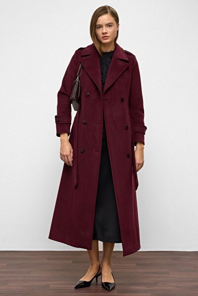 Olcay Epaulette Detailed Double Breasted Long Length Coat Mürdüm 3056