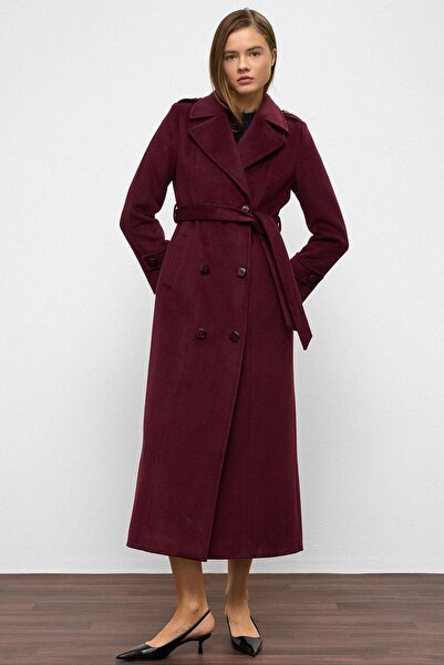 Olcay Epaulette Detailed Double Breasted Long Length Coat Mürdüm 3056