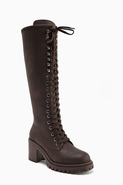 Limoya Bella Brown Lace-Up and Zippered Oval Toe Heeled Women's Boots