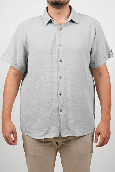 SİDE OTANTİK Men's Muslin Regular Fit Short Sleeve Breathable Casual Gray Shirt