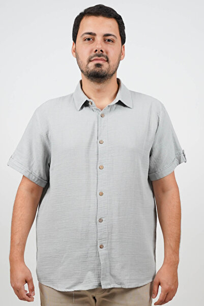 SİDE OTANTİK Men's Muslin Regular Fit Short Sleeve Breathable Casual Gray Shirt