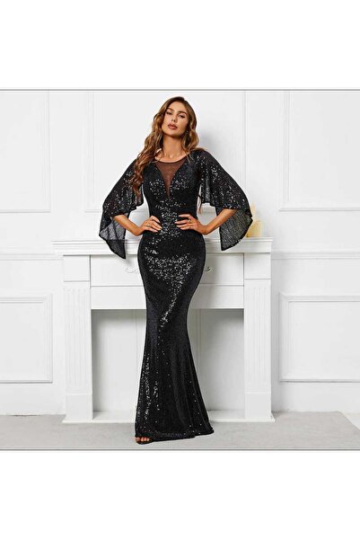 elissaa V YAKA MELEK KOL PULPAYET UZUN ABİYE ELBİSE