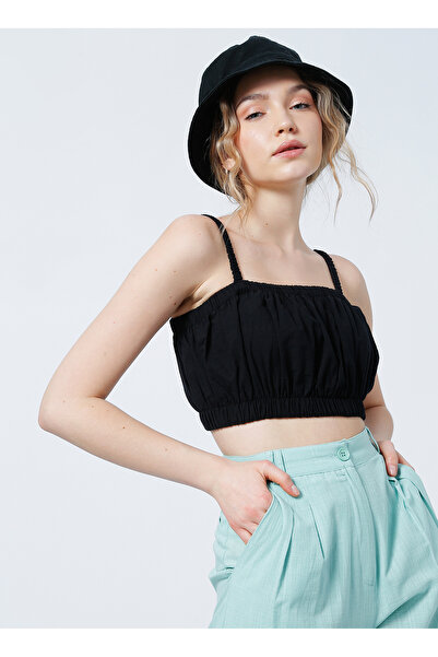 Fabrika Kare Yaka Crop Düz Siyah Kadınbluz - Pelıkan