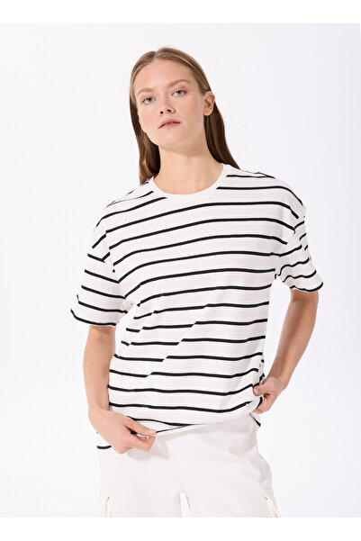 Fabrika Siyah - Beyaz Kadın Bisiklet Yaka Basic T-Shirt K-MELISSA