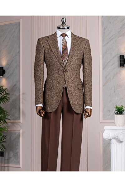 TerziAdemAltun Ανδρικό μονό μπουφάν καφέ T13540 με λεπτή εφαρμογή μονό γιακά ιταλικού στυλ