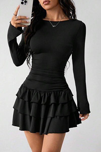 ecemore Eteği Kat Kat Fırfırlı Uzun Kollu Mini Elbise E9107