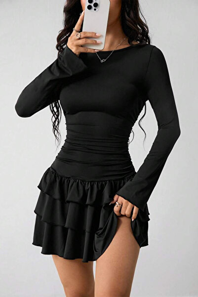 ecemore Eteği Kat Kat Fırfırlı Uzun Kollu Mini Elbise E9107