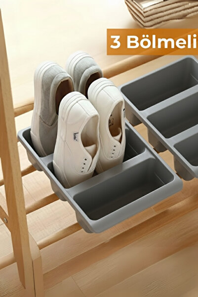 Hesaplı Kasa 3 Bölmeli Dolap İçi Ayakkabı Düzenleyici, Ayakkabı Organizeri "Gri"