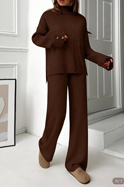 peri tower New Season Stand Collar Button Detail Oversize Sweater-Pants Knitwear Bottom Top Set 0034
