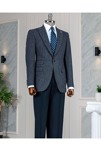 TerziAdemAltun Італійський стиль slim fit, риб'яча спинка, чоловічий однобортний піджак, темно-синій T13299