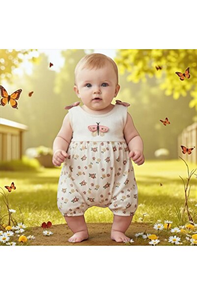 Necix's Gold Stone Colored Butterfly and Flower Patterned Jumpsuit for Baby Girl