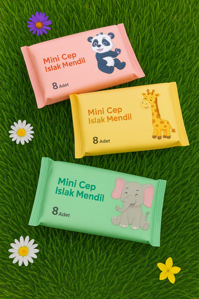 OGWANTO Çocuk ve Bebek Uyumlu Mini Cep Islak Mendil 3 Adet 8 li (Hayvan Figürlü)