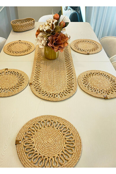 sfb Hand Knitted Jute Runner Table Cloth with Plate Mat Decorative Unit Coffee Table Cloth Set