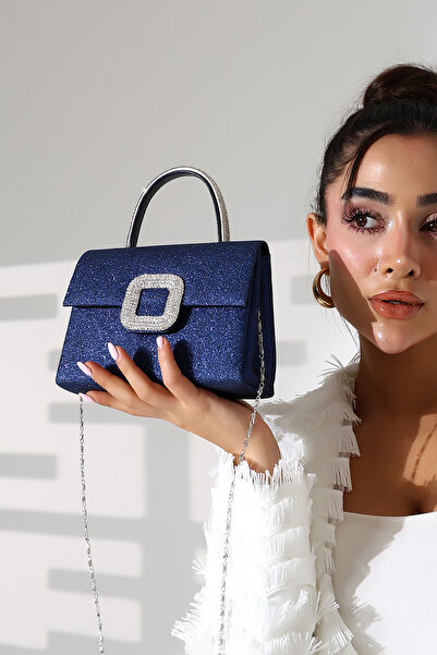 Moda Lime Kadın Lacivert Simli Kulp Detaylı Zincir Askılı Abiye Çanta