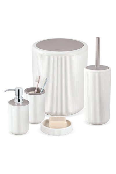 Perotti Marlon Luna White 5-Piece Striped White-Taupe Round Bathroom Set