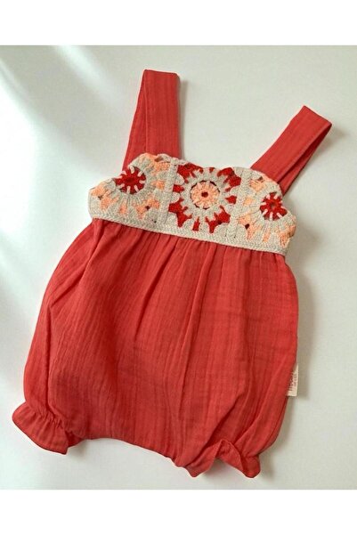 ALTINTAŞ BABY Crochet Motif Soft and Breathable Muslin Strap Shorts Jumpsuit