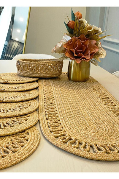 sfb Hand Knitted Jute Runner Table Cloth with Plate Mat Decorative Unit Coffee Table Cloth Set
