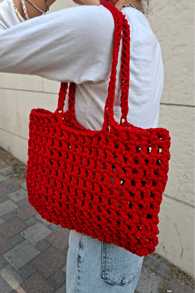 Warasiva Kadın Kırmızı Örme Orta Boy 38×28cm El Işçiliği Günlük Omuz Çantası